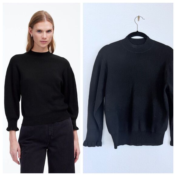 NWT Madewell Merino Wool Ruffle Mock Neck Sweater in Black Size XS - Picture 1 of 15